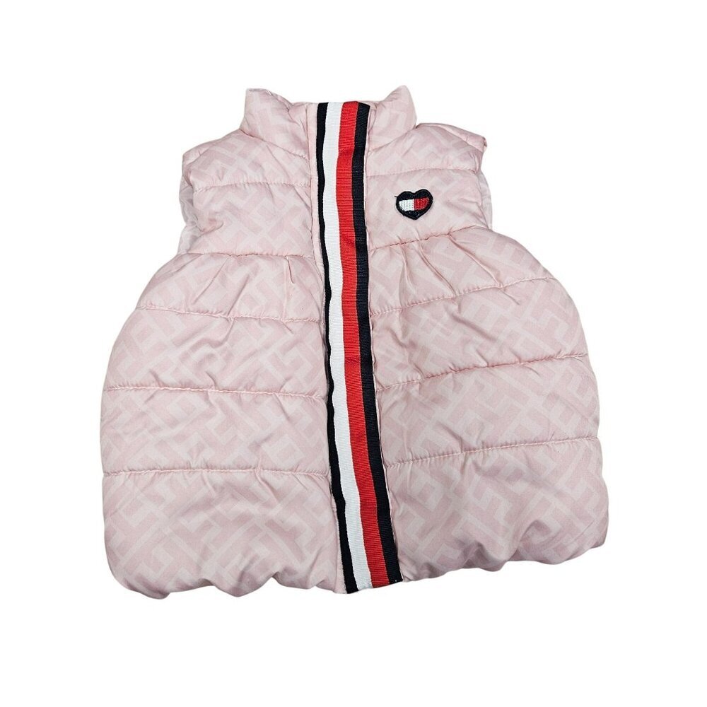 Tommy Hilfiger Baby Girl Puffer Vest 12M Pink Quilted Heart Stripe Zipper Snap